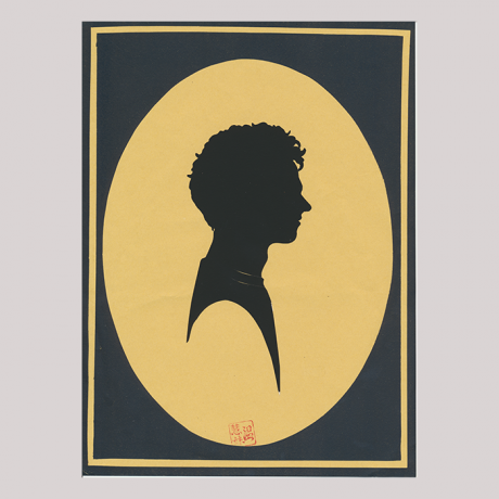 
        Front of silhouette, with man looking right, in oval painted frame.